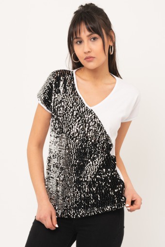 Ekru Gümüş Pul Payet Detay Kısa Kol Bluz